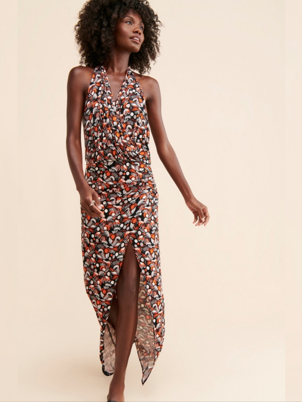 Free People Daria Dress Black Multi White And Orange Abstract Print Women's